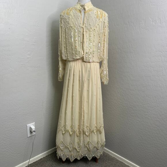 VTG Oleg Cassini Edwardian Silk Dress Wedding Ball Gown Glass Beaded Victorian - Picture 3 of 16